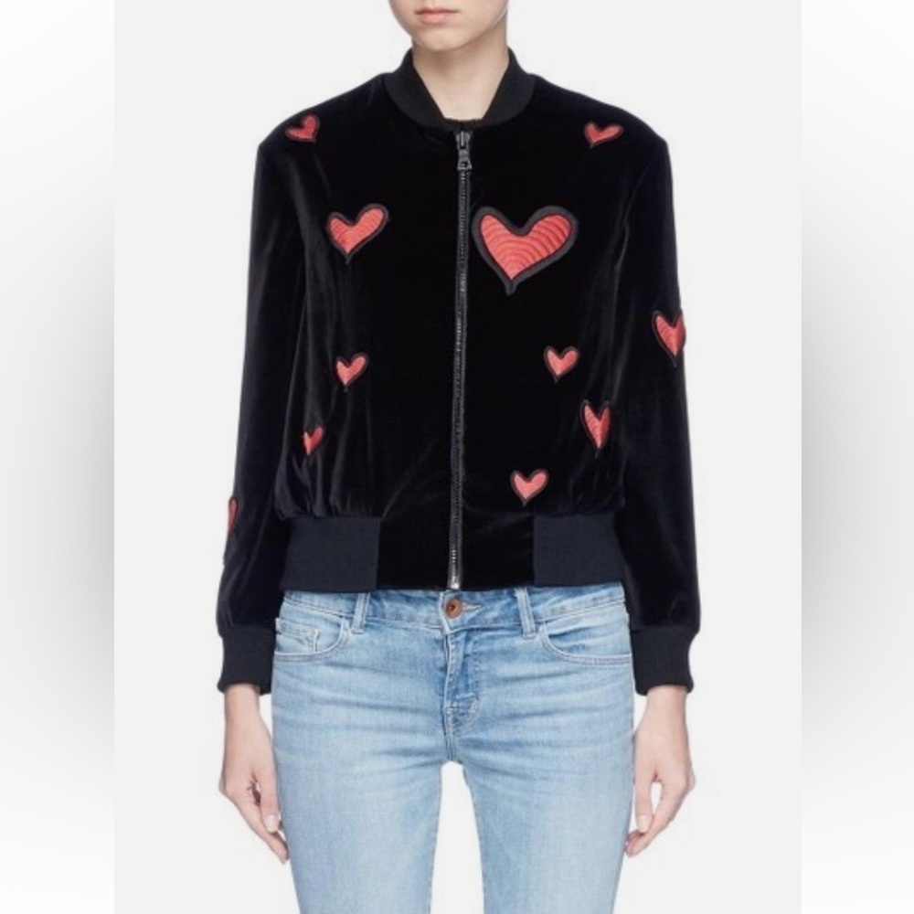 Alice + Olivia Embroidered Heart Velvet Velour Bomber Jacket Black - Small - Picture 3 of 10